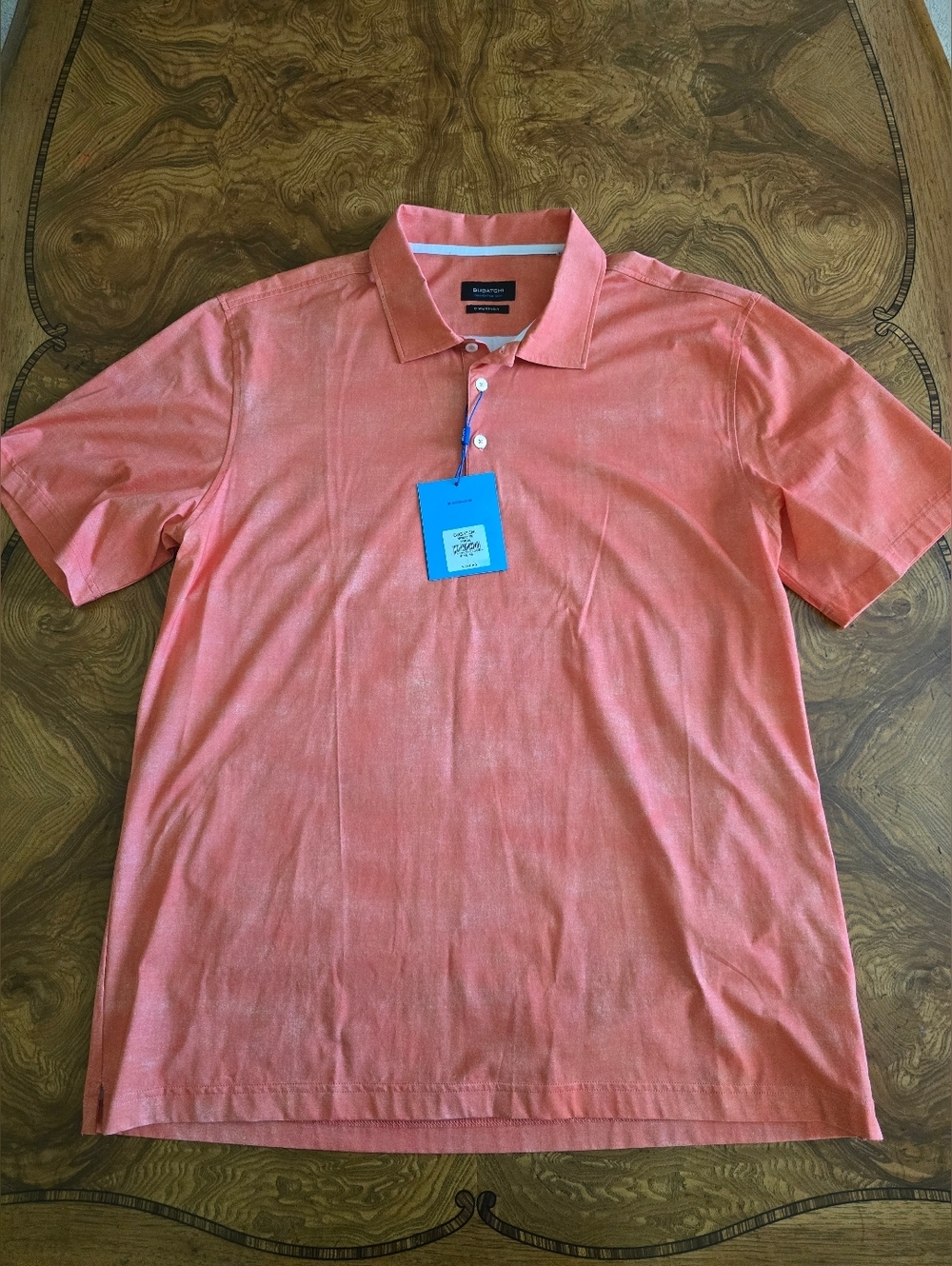 Bugatchi OoohCotton Tech 8-Way Stretch Polo Shirt Coral Mens Size XL